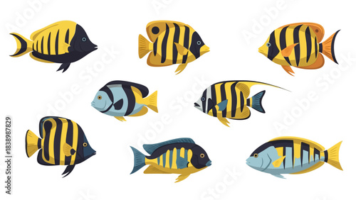 Eight tropical fish illustrations featuring yellow black and blue vertical stripes