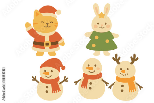 A set of watercolor drawings featuring adorable cartoon figures such as cats, bunnies, and snowmen, along with festive Christmas and New Year characters dressed in carnival costumes
