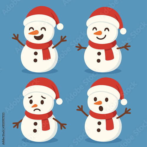 Adorable snowman displaying a range of emotions, part of a charming Christmas clipart set featuring winter holiday characters illustrated as vectors on a blue background