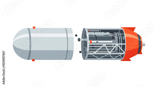 Exploded view of a twopart rocket stage showing a silver tank and an engine section