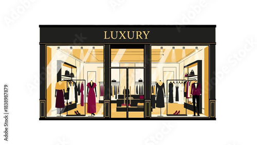Facade of a luxury clothing boutique with large display windows and black trim