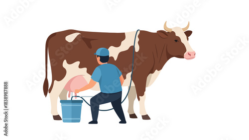 Farmer milking a brown and white cow into a blue bucket