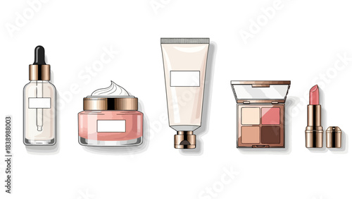Five cosmetic products including a dropper bottle jar tube palette and lipstick with rosegold accents