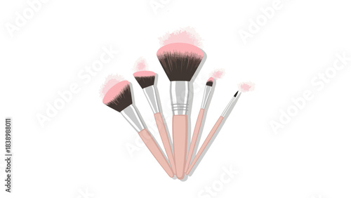 Five makeup brushes with pink and dark brown bristles on a white background