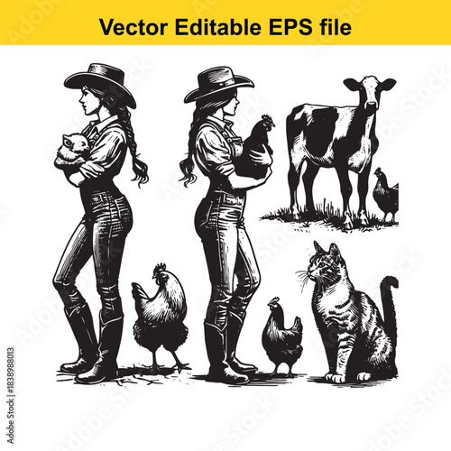  Set of black and white illustrations featuring female farmers with various farm animals including cow chickens and cat