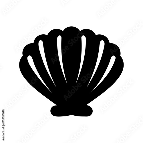 Detailed black and white vector image of a stylized scallop shell
