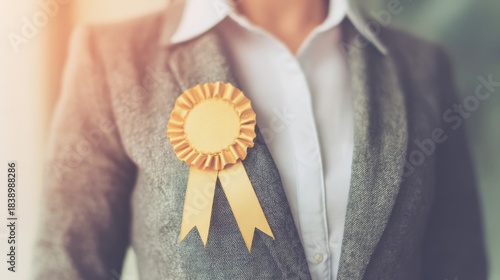 Wallpaper Mural Award ribbon attached to a person wearing a suit in an indoor setting Torontodigital.ca