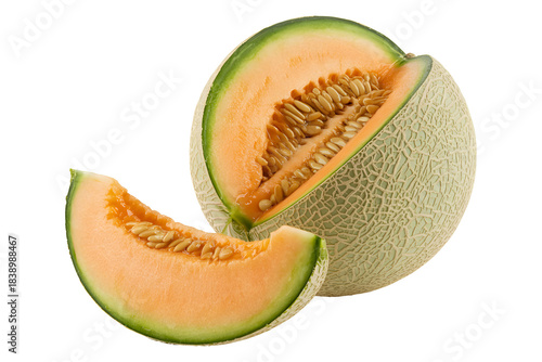 Halved cantaloupe melon with slice isolated on transparent background