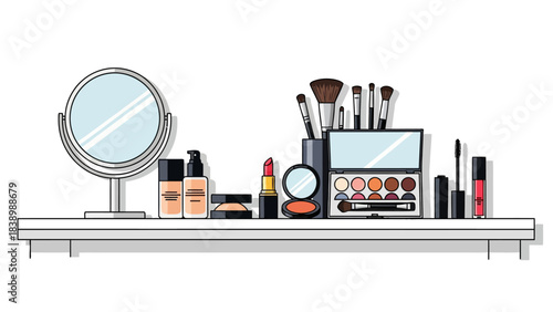 Flat illustration of makeup products and vanity mirror on a white shelf
