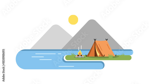 Flat illustration of a tent beside a campfire near a river and mountains