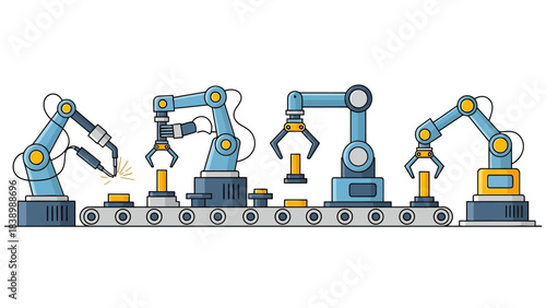 Four blue robotic arms operating above a gray conveyor belt with yellow parts