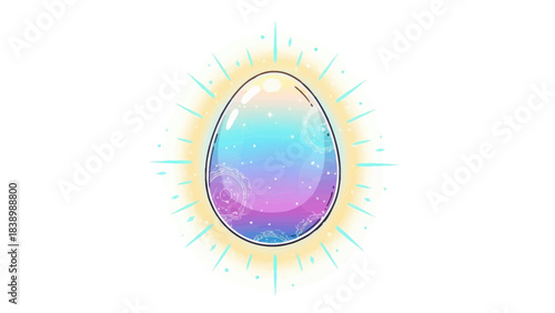 Glowing cosmic egg object surrounded by light rays on a white background