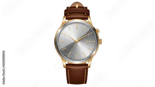 Goldcased wristwatch with silver dial gold hands and brown leather strap
