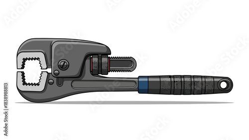 Gray adjustable pipe wrench with serrated jaws and textured handle