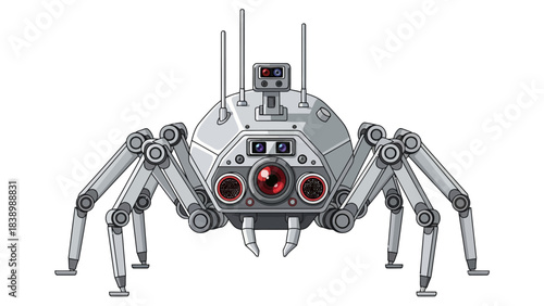 Gray eightlegged robotic spider with multiple lenses and antennas