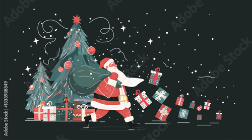 Santa Christmas gift delivery festive night snowy scene decorated trees falling presents stars holiday design