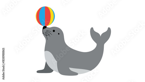 Gray seal balancing a multicolored beach ball on its nose