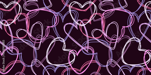 Bold seamless pattern with scribble hearts on a dark background. Perfect for modern Valentines Day graphics, nightlife style posters, digital art, trendy web designs, and expressive romantic visuals