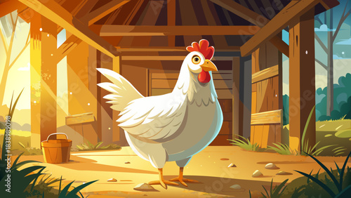 Very beautiful close-up of a white chicken standing in warm barn light, surrounded by natural textures of wood and straw, representing quiet rural life and gentle details of poultry farming atmosphere