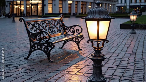 This charming video features a picturesque evening scene in a quiet park. A beautifully designed bench is illuminated by a vintage streetlamp, casting a warm glow on the cobblestone path and creating 