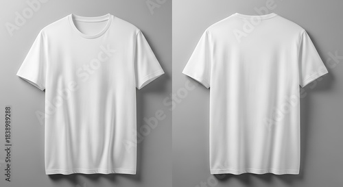Front and back view of a plain white shortsleeve tshirt, neatly folded and displayed on a grey surface