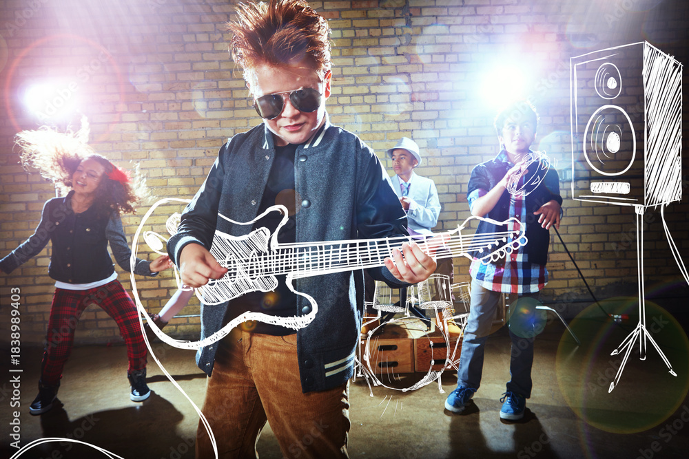 Obraz premium Rockstar, performance and children in school with instruments, musician drawing and bonding in band. Overlay, flare and kids at academy with equipment, playing song and connection in concert.