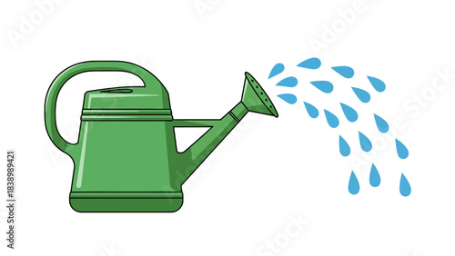 Green watering can pouring blue water droplets diagonally downward