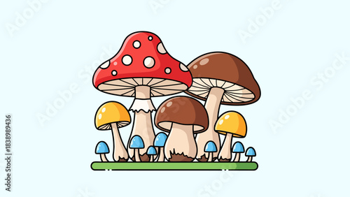 Group of cartoon mushrooms in red brown yellow and blue on green grass