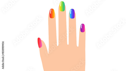Hand with five oval nails painted in rainbow gradient colors