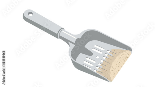 Grey slotted scoop holding tan granular material against a white background