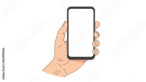 Hand holding a smartphone with a blank white screen isolated on white
