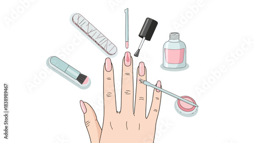 Hand receiving manicure with various nail care tools floating nearby