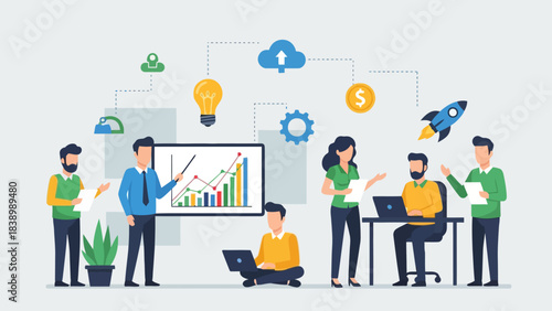 Group of diverse professionals collaborating around a presentation screen with floating icons