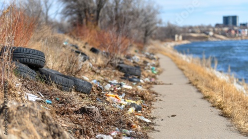 Litter and tires along a path by the river on a sunny day in spring