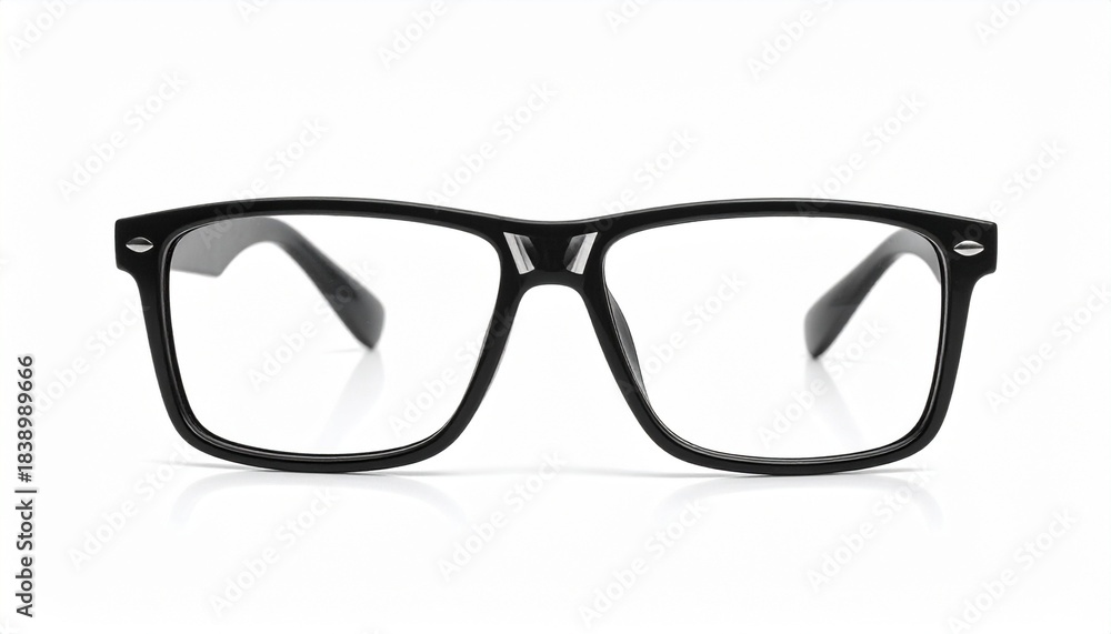 Fototapeta premium A pair of black rectangular eyeglasses with clear lenses and glossy finish, angled to show bridge and temples.