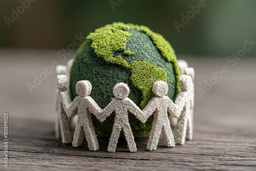 A row of paper people around planet Earth. Environmental, social, and corporate governance concept