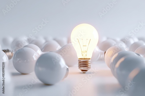 3D illustrated light bulb breaking away from a crowd of bulbs on a white backdrop, representing creativity and originality
