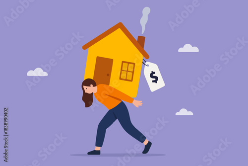 house mortgage overpay concept, real estate payment overprice, Property payoff to credit concept, depressed woman office worker man carrying house with expensive price tag vector illustration