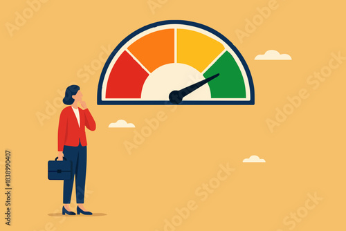 poor performance employee with woman office worker hanging on the needle measuring low performance, bad rating evaluation, laziness in improving the quality of performance