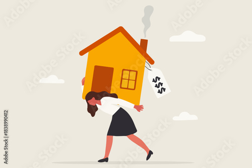 house mortgage overpay concept, real estate payment overprice, Property payoff to credit concept, depressed woman office worker man carrying house with expensive price tag vector illustration