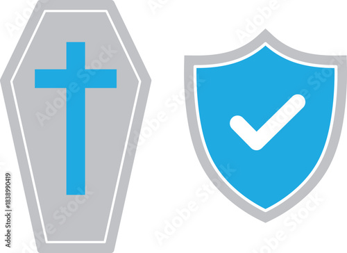 Coffin with cross and shield with checkmark icons security