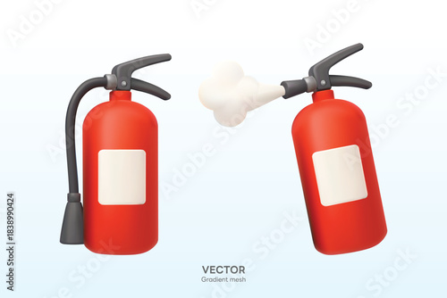 3D gradient-mesh illustration of fire extinguishers, spraying foam. Represents safety, emergency equipment, fire prevention, and protection in modern vector style.