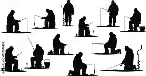 Ice, fishing, silhouette, posture, gesture, winter, coat, bucket, auger, rod, hole, snow, setup, recreation, rural, tradition, motion, gear, vector, black, pose, flavector