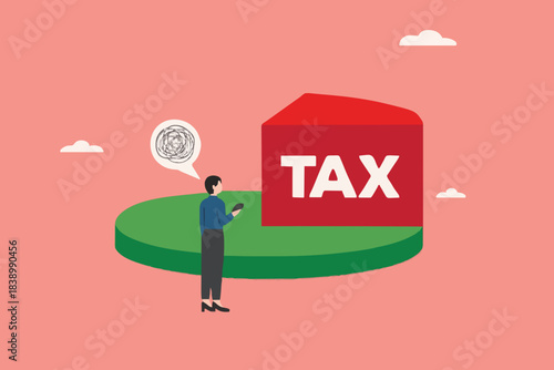 tax burden, businesswoman standing next to pie chart confused by high tax burden, income tax or wealth tax

