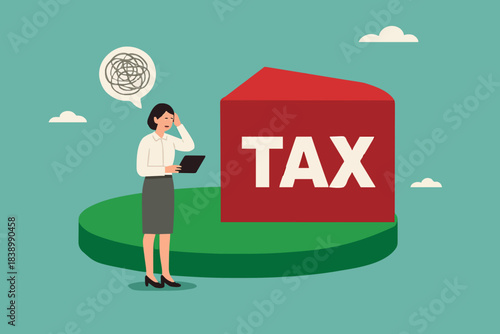 tax burden, businesswoman standing next to pie chart confused by high tax burden, income tax or wealth tax

