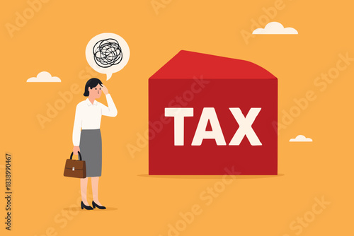 tax burden, businesswoman standing next to pie chart confused by high tax burden, income tax or wealth tax

