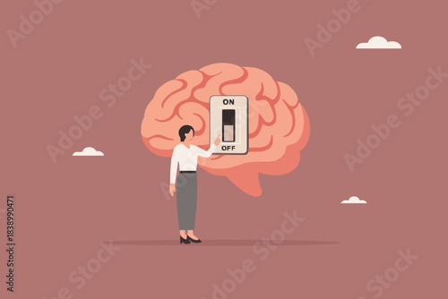 Turning off brain to relieve stress or problems, relaxation to relieve anxiety from your brain, Reduce stress concept, stress management, woman turning off the switch in the human brain concept