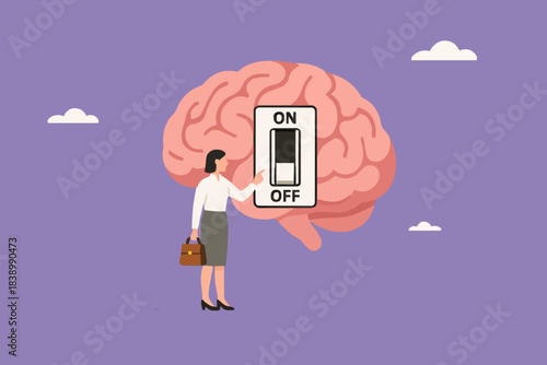 Turning off brain to relieve stress or problems, relaxation to relieve anxiety from your brain, Reduce stress concept, stress management, woman turning off the switch in the human brain concept