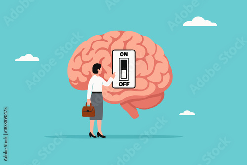 Turning off brain to relieve stress or problems, relaxation to relieve anxiety from your brain, Reduce stress concept, stress management, woman turning off the switch in the human brain concept