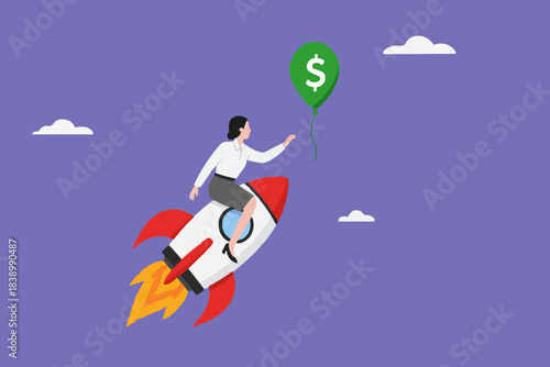 achieve financial goal with startup business success, startup business management to reach financial freedom, businesswoman flying using startup business rocket to reach balloon with dollar money